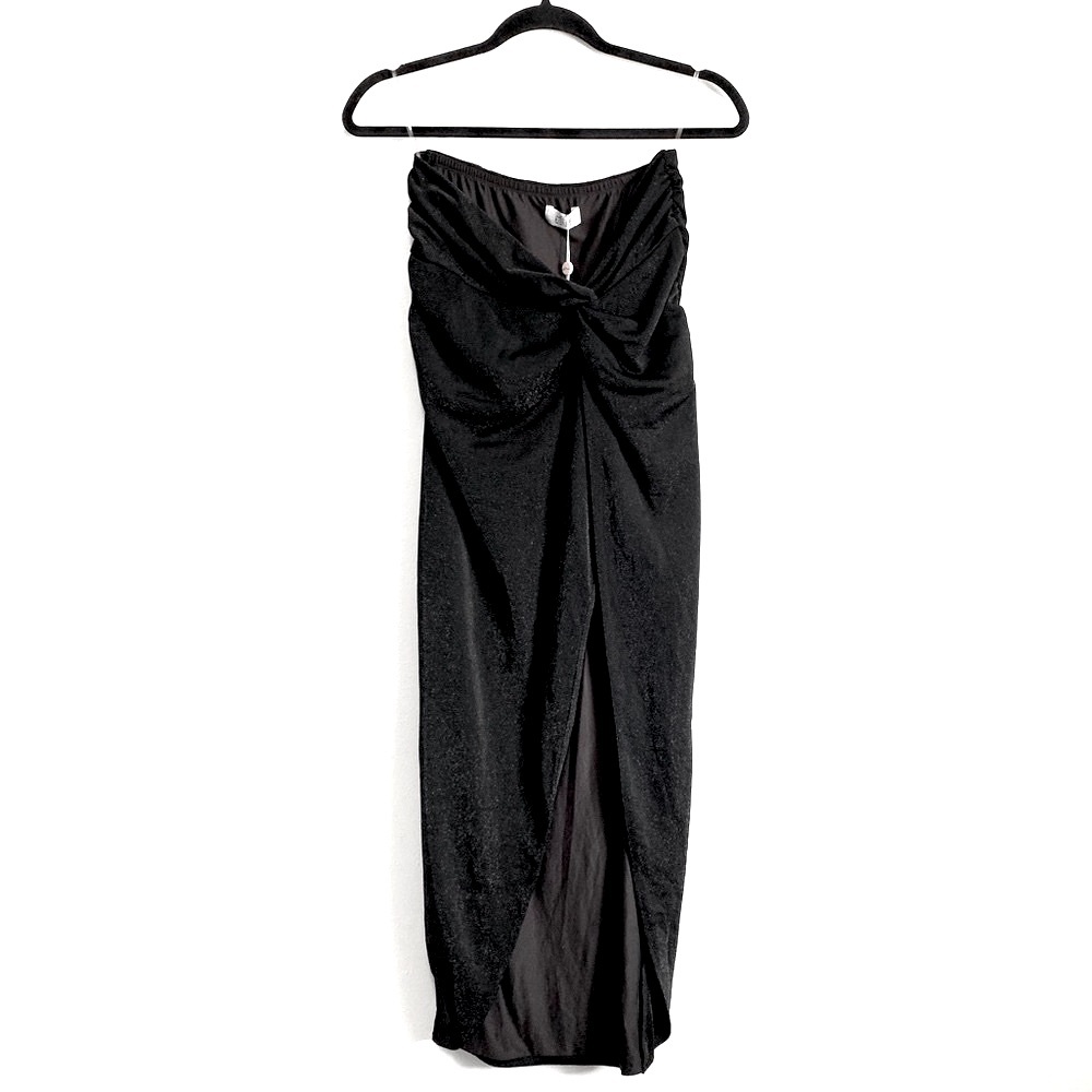 Oh Polly Twisted Bodice Shimmery Strapless Midi Dress